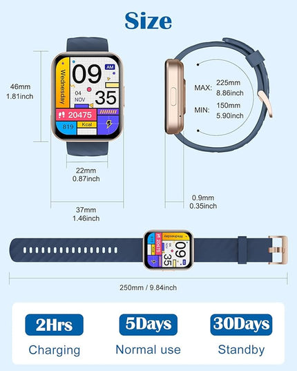RUIMEN Smart Watches for Women Men (Answer/Make Calls) Compatible with iPhone/Android Phones, 1.85" HD Screen Fitness Tracker Heart Rate Monitor 100+ Sports Tracker Watch Waterproof (Blue)