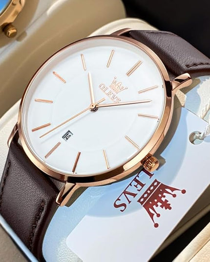 OLEVS Mens Watches Mens Leather Watch Ultra Thin Watches for Men Minimalist Watch with Leather Band Quartz Analog Dress Casual Simple Lightweight relojes para Hombres