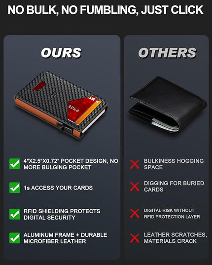 Ruiici Wallet for Men, Slim Minimalist Wallet with Money Clip＆ID Window, RFID Blocking Pop-Up Credit Card Holder, Smart Auminum Mens Wallet Holds 9-13 Cards (Gift Box) (Carbon Fiber & Orange)
