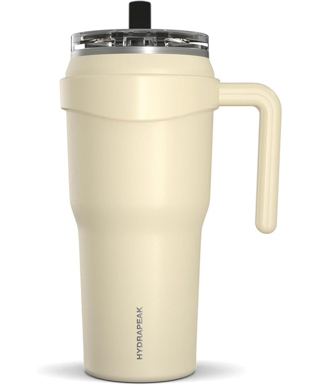 Hydrapeak Roadster 40oz Stainless Steel Tumbler Double Wall Vacuum Insulated Water Bottle With Handle And 2 in 1 Straw Lid (Modern Cream)