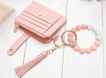 COOLANS Silicone Bracelet Wristlet Wallet Credit Card Holder RFID,ID Window,Key Ring Tassel,Slim Wallet Women Keychain Purse