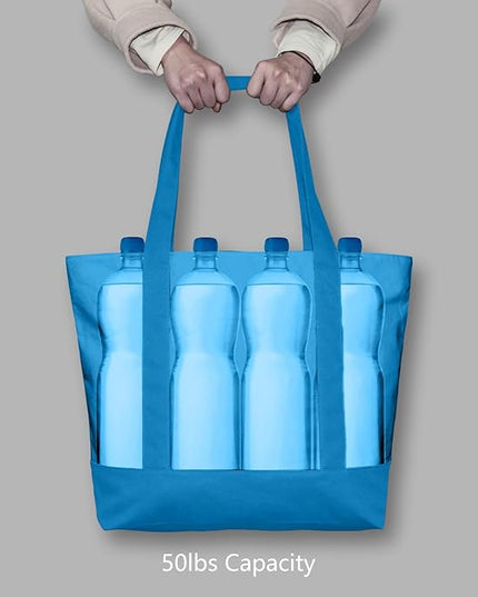 TOPDesign 6-Pack Canvas Tote Bags with an External Pocket, Reusable Grocery Shopping Bags, Top Zipper Closure, Daily Essentials (Ocean Blue)