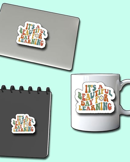 (3Pcs) It's a Beautiful Day for Learning Sticker, Teacher Decorate Books Laptop Phone, Water Bottles Kindles Stickers, Tumbler Sticker Waterproof Vinyl Decorate Sticker 3" Inch