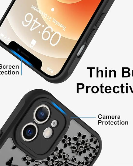Cute Case for iPhone 12 Case with Stand [ Compatible with MagSafe ] Kawaii Black Cat & Floral & Butterflies Pattern Design 360 Magnetic Ring Kickstand Phone Cover for Women Girls Boys