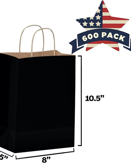 Qutuus Black Paper Gift Bags with Handles Bulk - 600 Pcs 8"x4.5"x10" Black Gift Bags, Kraft Bags for Retail, Shopping, Party, Goody, Business.