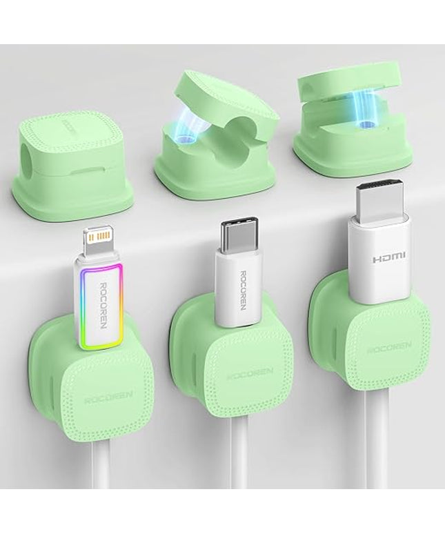 6 Pack Cable Management Cord Organizer, Magnetic Cable Clips-1s Lock, Rocoren Desk Adhesive Cord Cable Clip Wire Holder Keeper for Phone Charger Wire, Nightstand, Car, Office, Desktop Accessory, Green