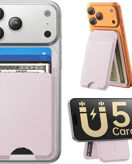 Fanseesy for MagSafe Wallet with Stand, 5 Card Holder, Slim Leather Magnetic Wallet for iPhone 17/16/15/14/13/12 Pro Max Plus Air Series, 3 Card Slots & 1 Cash Slot,Pink
