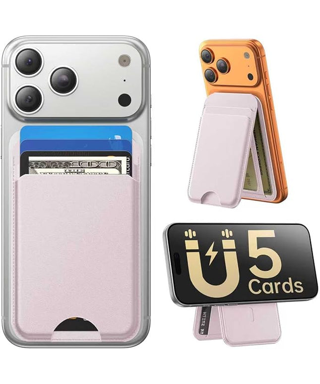 Fanseesy for MagSafe Wallet with Stand, 5 Card Holder, Slim Leather Magnetic Wallet for iPhone 17/16/15/14/13/12 Pro Max Plus Air Series, 3 Card Slots & 1 Cash Slot,Pink