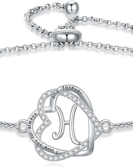 TOUPOP Gifts for Women Heart Initial Bracelet 925 Sterling Silver Double Heart Bracelet Birthday Jewelry Birthday Christmas Gifts for Her Wife Girlfriend