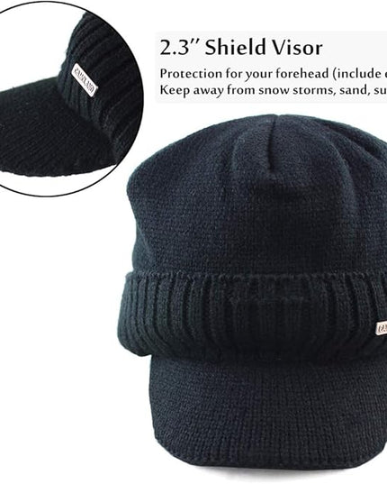 Winter Beanie w/Visor & Earflaps for Men Outdoor Fleece Hat Scarf Set