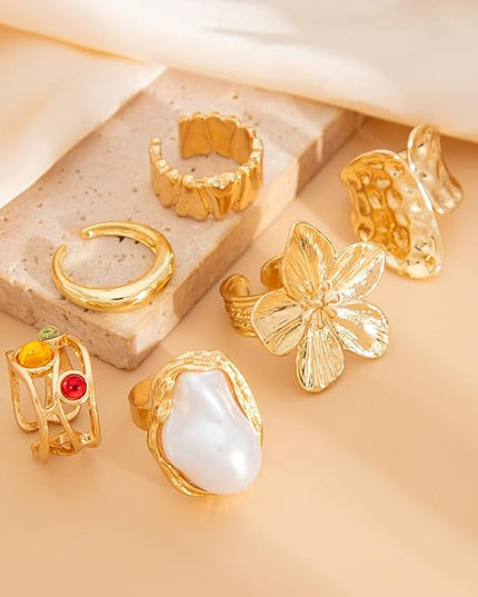 Rings for Women Adjustable Chunky Rings Set Vintage Wide Colorful Flower Stackable Ring for Women Thick Statement Ring Chunky Jewlery