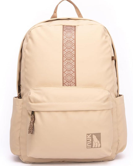 INUK Geometric Stripe Laptop Backpack, 13 Inch Water Resistant Backpack for College & Work, Recycled Travel Daypack Made from 24 Plastic Bottles, with Hidden Pocket & Luggage Strap, Latte