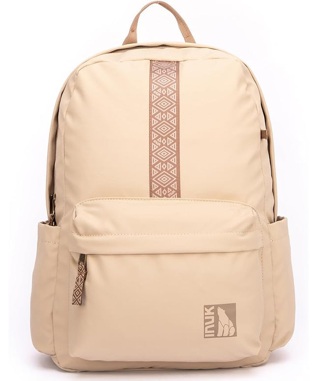 INUK Geometric Stripe Laptop Backpack, 13 Inch Water Resistant Backpack for College & Work, Recycled Travel Daypack Made from 24 Plastic Bottles, with Hidden Pocket & Luggage Strap, Latte