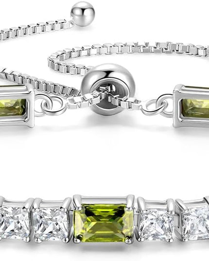 FANCIME Birthstone Bracelet for Women, Sterling Silver 4x6mm Gemstone Tennis Bracelet Bolo Adjustable Chain Fine Jewelry Birthday Gifts for Women Mom Wife Her