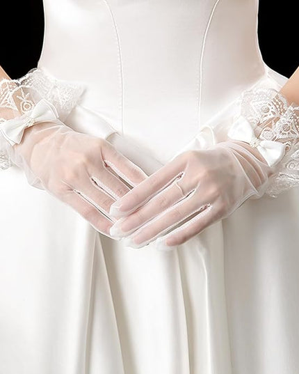 R STAR Floral Short Lace Gloves, Women Wrist Length Gloves for Wedding(B)