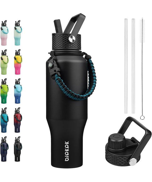 BJPKPK Insulated Water Bottles with Straw Lid, 35oz Metal Water Bottle with 2 lids & Paracord Strap, Double Wall Stainless Steel Vacuum Tumblers, Cups, Mugs, Thermo for Hot& Cold Drinks, Black