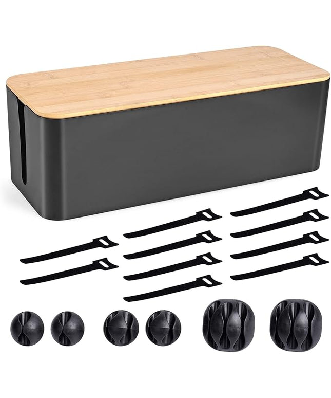 Cable Management Box - Wooden Style Large Cord Organizer to Hide Wires & Power Strips | Desk Computer Cable Organizer | Safe ABS Material | 16" (L) x 6.2" (W) 5.3" (H) | for Home & Office - Black