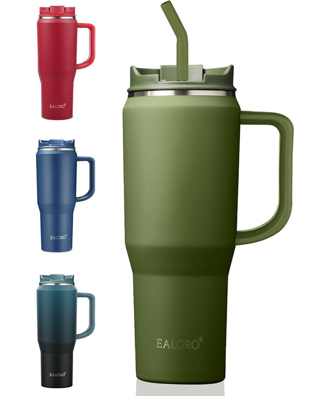 40 oz Tumbler with Handle, Insulated Tumblers with Lid and Straw, Large Metal Sports Water Bottle Jug, Thermal Stainless Steel Travel Coffee Mug Cup, Army Green