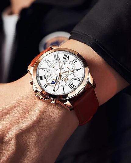 OLEVS Men's Watches Leather Strap Analog Quartz Watch, Fashion Big Dial Date Waterproof Watch, Dress Luxury Luminous Men Watches