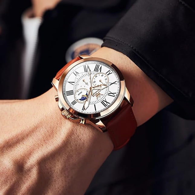 OLEVS Men's Watches Leather Strap Analog Quartz Watch, Fashion Big Dial Date Waterproof Watch, Dress Luxury Luminous Men Watches