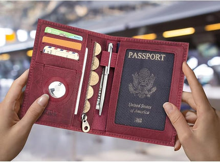 CONTACTS Full Grain Leather Passport Holder RFID Blocking Travel Passport Wallet Compatible with Airtag Passport Cover Case with 4 Cards Slots, Coin Pocket (Wine Red)