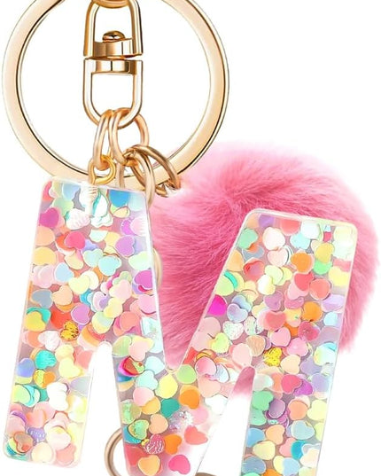 Resin Alphabet Initial Letter Keychain Keyring for Women Purse Handbags With Fur Ball Pom