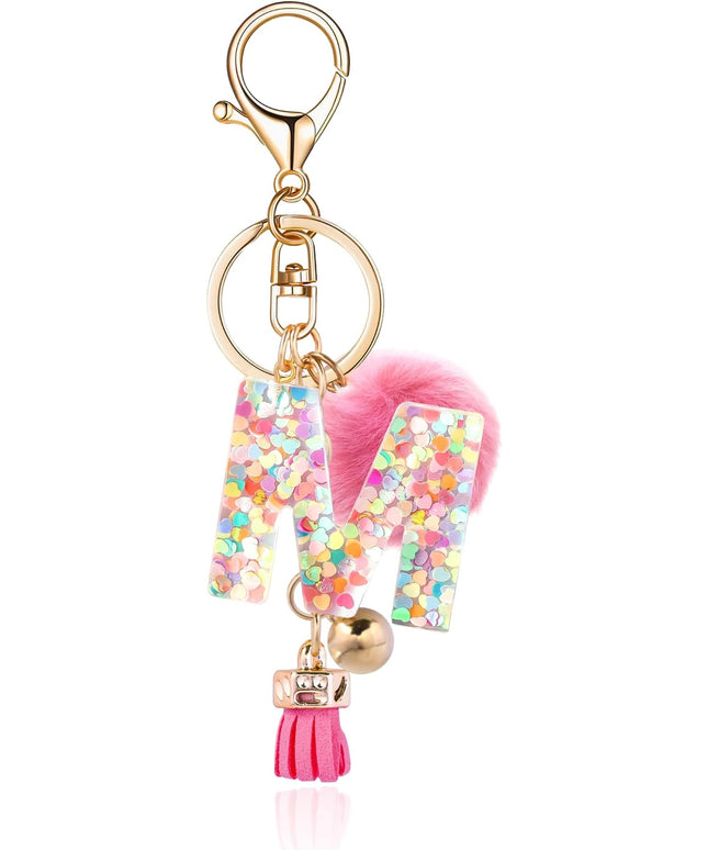 Resin Alphabet Initial Letter Keychain Keyring for Women Purse Handbags With Fur Ball Pom