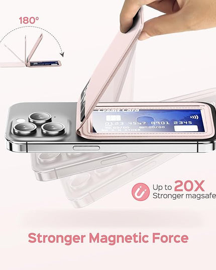 Mag-Safe Wallet for Women Strongest Magnetic Lightweight Phone Wallet Stand Adjustable Leather Card Holder for iPhone 17/16/15/14/13/12 Series, Not for iPhone 13/12 Mini (Pink)