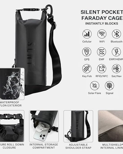SLNT Waterproof Faraday Dry Bag - 420D Waterproof Nylon Signal Blocking Backpack - Protects Electronics from Water, Spying, Hacking - Blocks RFID, WiFi, Bluetooth, NFC, Cellular, GPS, EMF (2.5 Liter)