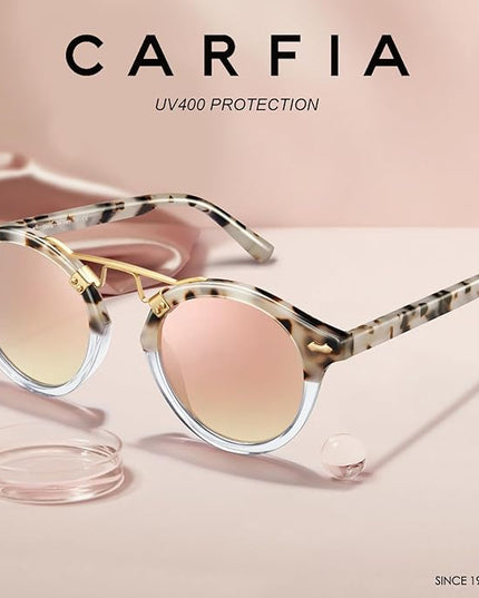 CARFIA Small Face Acetate Polarized Sunglasses for Women UV Protection, Retro Double Bridge Eyewears Metal Brow Round Sunnies