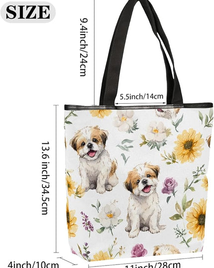 Pardick Canvas Tote Bags, Cute Dog Flower Tote Bag Eco Friendly Reusable Grocery Shopping Bagsfor Beach, Books, Women with Zipper Inner Pocket
