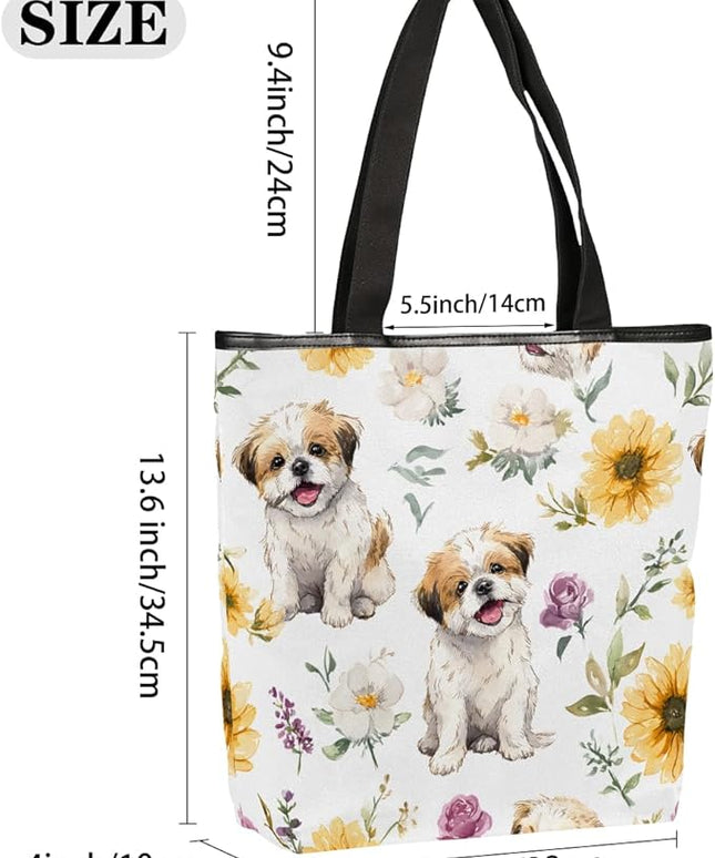 Pardick Canvas Tote Bags, Cute Dog Flower Tote Bag Eco Friendly Reusable Grocery Shopping Bagsfor Beach, Books, Women with Zipper Inner Pocket