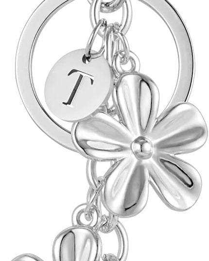 XGALBLA Gold/Silver Initial Keychain Flower Charms for Key Cute Letter Keyring for Purse Handbag Backpack