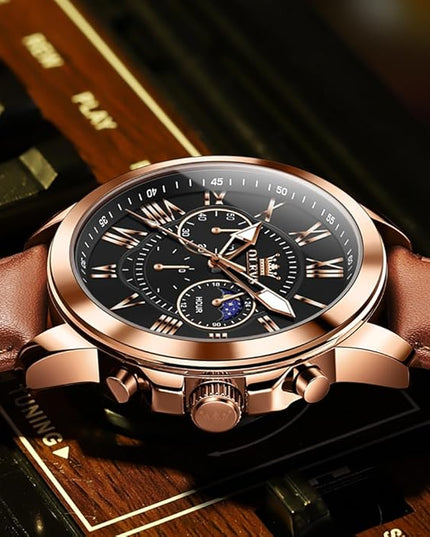 OLEVS Men's Watches Leather Strap Analog Quartz Watch, Fashion Big Dial Date Waterproof Watch, Dress Luxury Luminous Men Watches