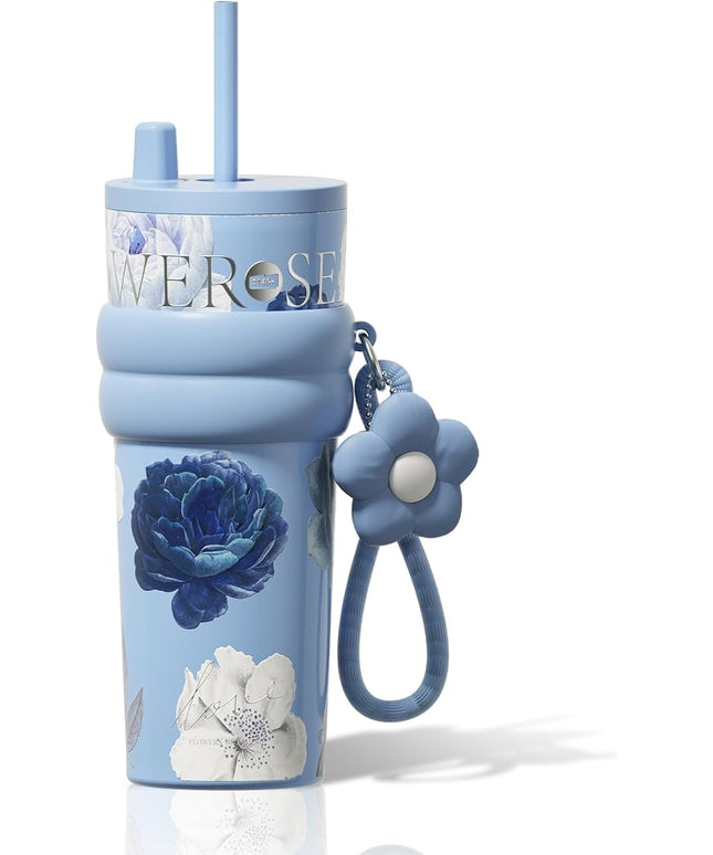 24 oz Stainless Steel Tumbler with Lid and Straw, Insulated Coffee Mug, Leak Proof, Portable Iced Travel Water Bottle, Reusable Thermal Coffee Cup, Floral Blue