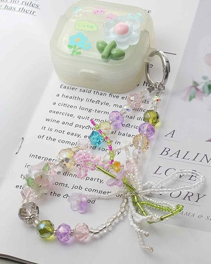 Phone Charm Wrist Strap with Diamond Inlay, Strawberry Bow & Crystal Flower Design for iPhone, Kindle, Camera, Pink Purple Green Key Wristlet, Lanyard for womens keychain wristlet
