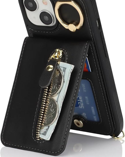 for iPhone 15 Wallet Case with Card Holder, for iPhone 15 Case Wallet with Strap Credit Card Slot, Crossbody Bag with Zipper Case for iPhone15 - Black