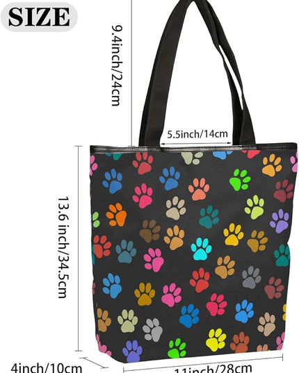 Pardick Colorful Animal Paw Prints Canvas Tote Bag, Eco Friendly Cute Reusable Grocery Shopping Bag With Zipper Inner Pocket for Women & Girls