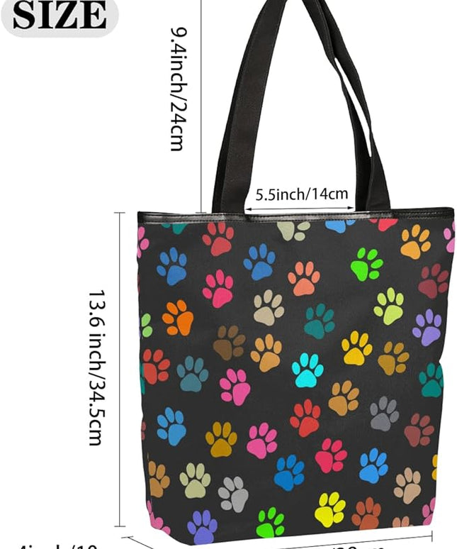 Pardick Colorful Animal Paw Prints Canvas Tote Bag, Eco Friendly Cute Reusable Grocery Shopping Bag With Zipper Inner Pocket for Women & Girls