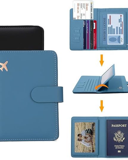 Melsbrinna Unisex-Adults RFID Blocking Travel Passport Cover/Case, Cute Passport Wallet with 10 Compartments, Black Blue