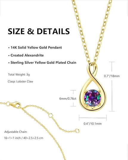 FANCIME 14K Solid Gold Birthstone Pendant with Sterling Silver Chain Infinity Gemstone Necklace Fine Jewelry Anniversary Birthday Christmas Gifts for Women Wife Her