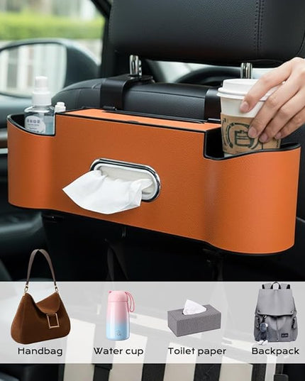 3-in-1 Car Backseat Organizer with Cup Holder, Car Back Seat Storage Box with Drink Cup Holder Tissue Box, for Hold Phone,Snacks, Drinks, Handbag (1, Brown)