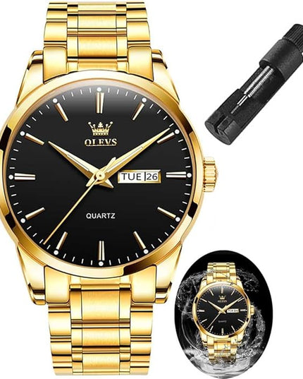 OLEVS Men's Luxury Watch Waterproof Luminous Easy Read Chronograph Watches Full Gold/White Dail/Black Face with Calendar Wristwatch