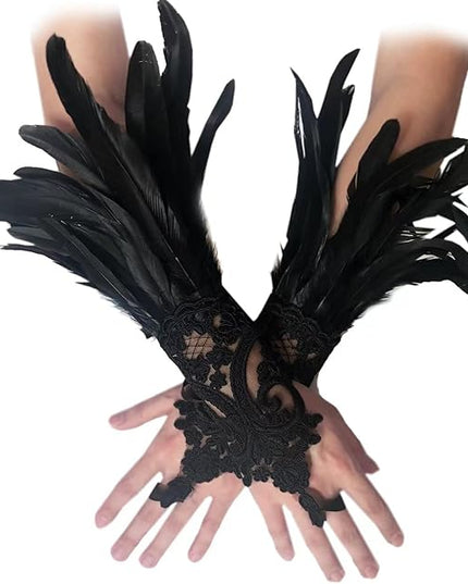 Women's Long Gothic Lace Gloves Feather Fingerless Gloves Stretch Wrist Cuffs for Wedding Party Halloween