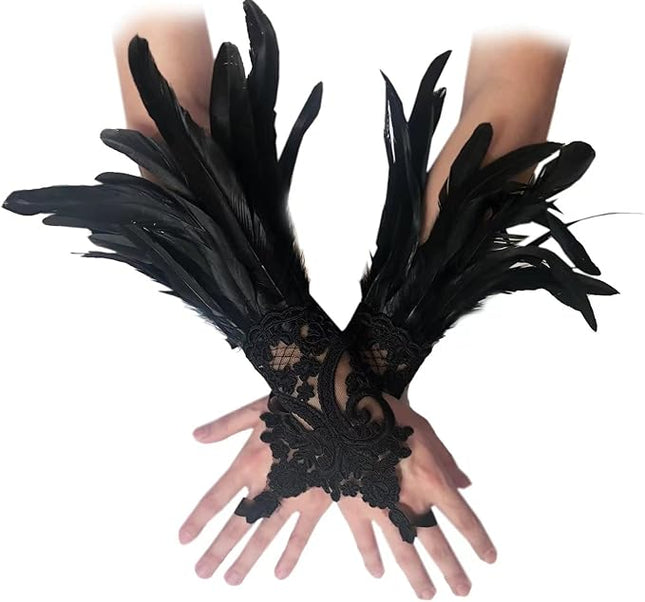 Women's Long Gothic Lace Gloves Feather Fingerless Gloves Stretch Wrist Cuffs for Wedding Party Halloween