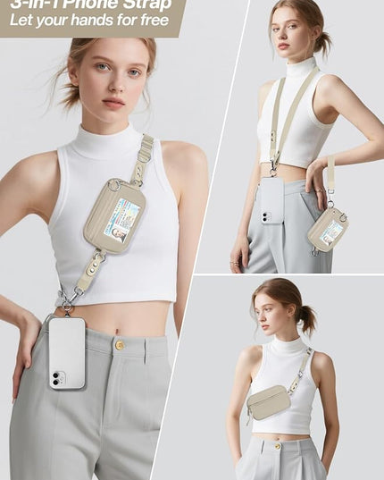 Clip and Go Strap for Phone with Wallet Crossbody Phone Lanyard Adjustable and Detachable RFID Wristlet Wallet with ID Window and Zipper, Khaki