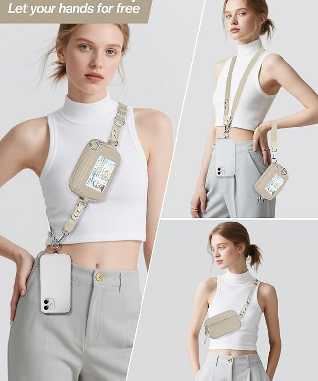 Clip and Go Strap for Phone with Wallet Crossbody Phone Lanyard Adjustable and Detachable RFID Wristlet Wallet with ID Window and Zipper, Khaki