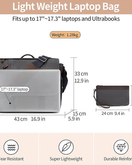 Nerlion Messenger Bag for Men 17-17.3 Inch Laptop Bag Canvas Water-resistant Computer Bag Shoulder Bag Work Briefcase Bookbag for College (Gray)