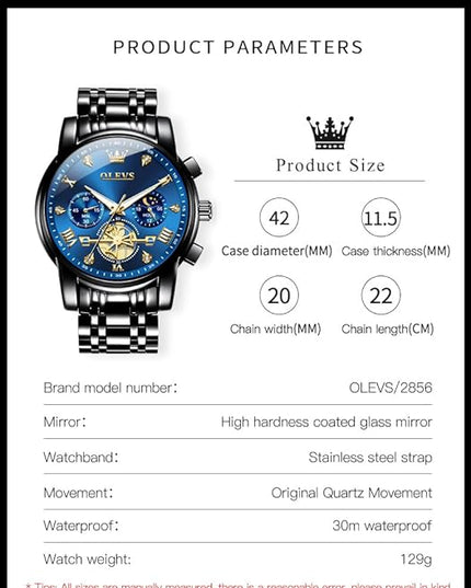 OLEVS Mens Watches Chronograph Watch Luxury Dress Stainless Steel Waterproof Watches for Men Moon Phase Luminous Business Calendar Wrist Watch Blue/Black/Green/Gold/Face