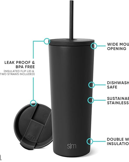 Simple Modern Insulated Tumbler with Lid and Straw | Iced Coffee Cup Reusable Stainless Steel Water Bottle Travel Mug | Gifts for Women Men Her Him | Classic Collection | 24oz | Midnight Black